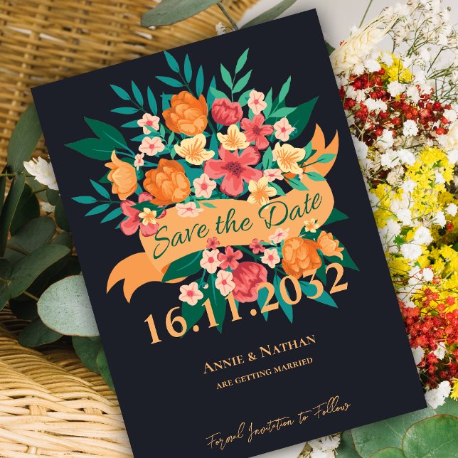 Reserva La Fecha Elegante Naranja y floral amarilla Guardar la tarj (Chic Orange Yellow Florals Wedding Save the Date Invitation)