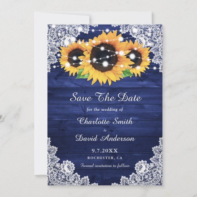 Reserva La Fecha Elegante Navy Azul Rustic Wood Lace Sunflower (Anverso)