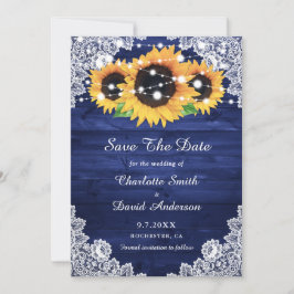 Reserva La Fecha Elegante Navy Azul Rustic Wood Lace Sunflower