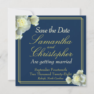 Reserva La Fecha Elegante Navy Blue Photo Gold Script Rosa Blanca