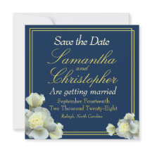 Elegante Navy Blue Photo Gold Script Rosa Blanca