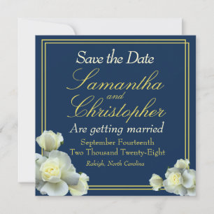 Reserva La Fecha Elegante Navy Blue Photo Gold Script Rosa Blanca