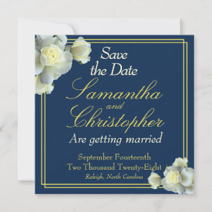 Reserva La Fecha Elegante Navy Blue Photo Gold Script Rosa Blanca
