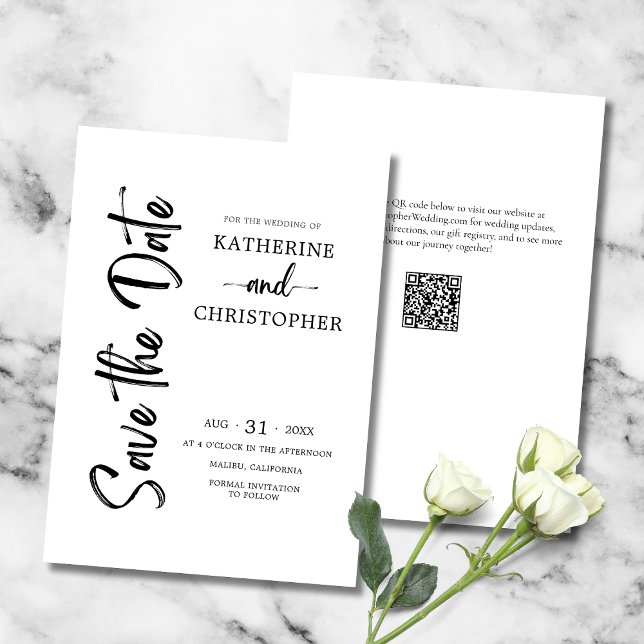 Reserva La Fecha Elegante negrita guión negro blanco Boda formal (Black and White Wedding Save the Date with Bold Vertical Script, QR Code, Wedding Website.)