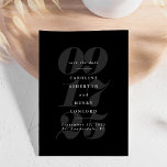 Reserva La Fecha Elegante negrita negro y blanco trendy para salvar<br><div class="desc">Esta foto guarda la invitación de compromiso de fecha que muestra su fecha boda en grandes números grises contra un fondo negro junto con todos los detalles que desea compartir con los invitados - nombre completo de novia y novio, ubicación y fecha en blanco. Incluye un lugar para una sola...</div>