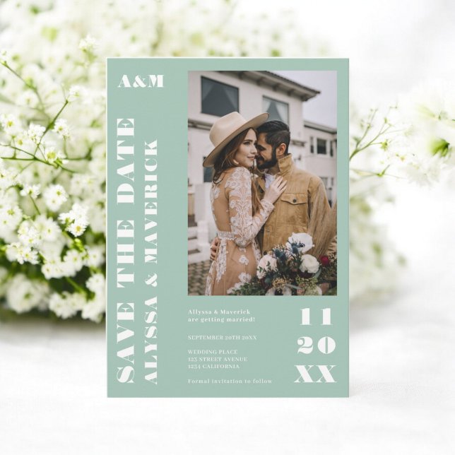 Reserva La Fecha Elegante negrita simple sabio verde 2 fotos boda (Elegant Bold simple sage green 2 photos wedding Save The Date)