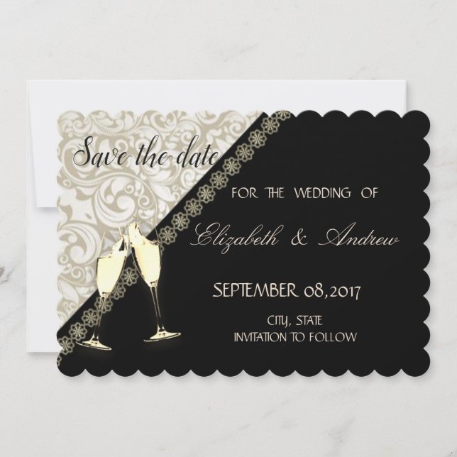 Reserva La Fecha Elegante Negro, Damask Boda Salva la fecha (Anverso)