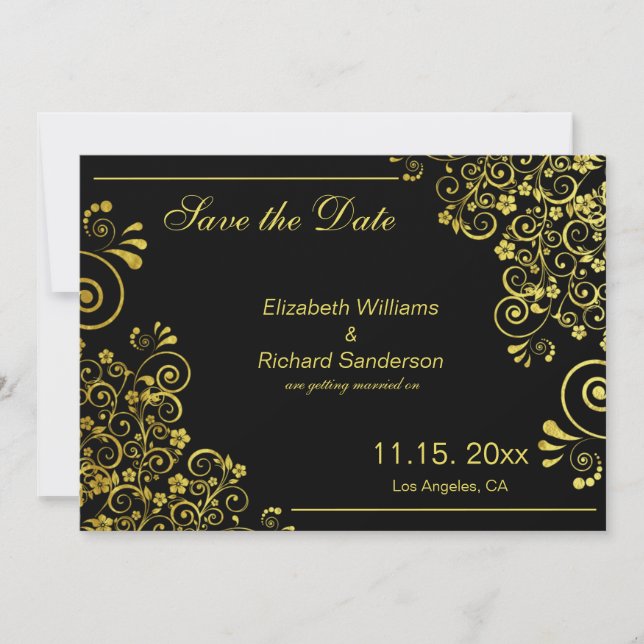 Reserva La Fecha Elegante Negro Dorado Ahorra la Fecha de Boda (Anverso)