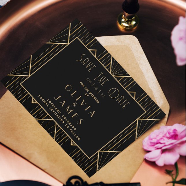 Reserva La Fecha Elegante negro y oro Art Deco Gran Gatsby Boda (Subido por el creador)