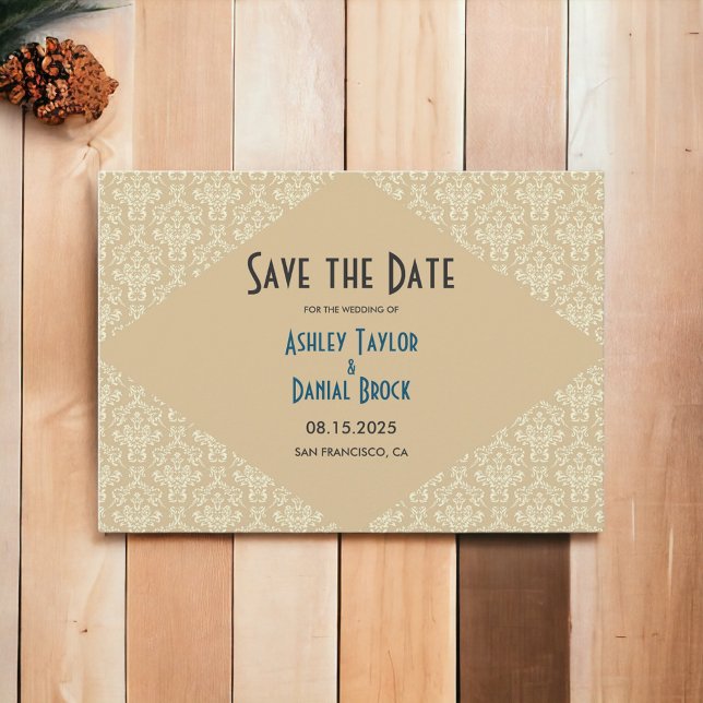 Reserva La Fecha Elegante Ornate Damask Script Beige Classic Boda (Subido por el creador)