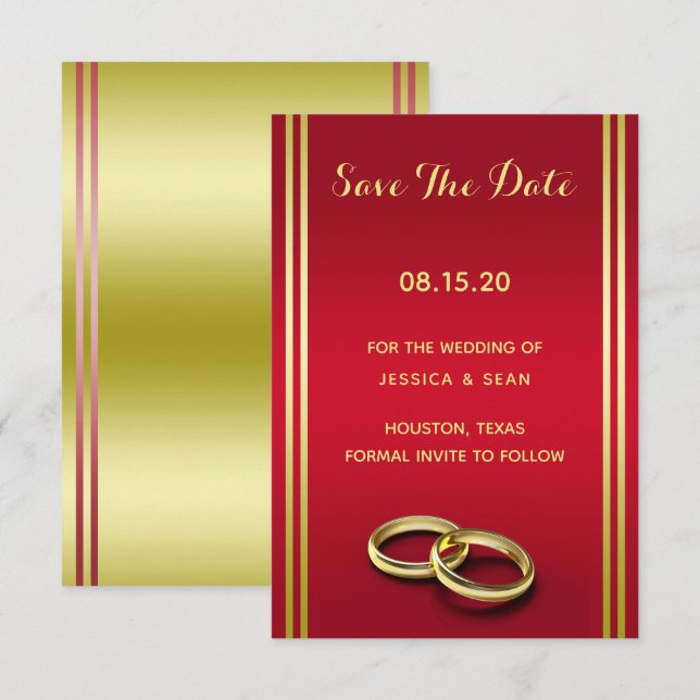 Reserva La Fecha Elegante Oro y Rojo, Anillos de Boda Bodas (Anverso / Reverso)