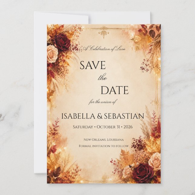 Reserva La Fecha Elegante Otoño| Boda de Otoño Rústica Boho (Anverso)