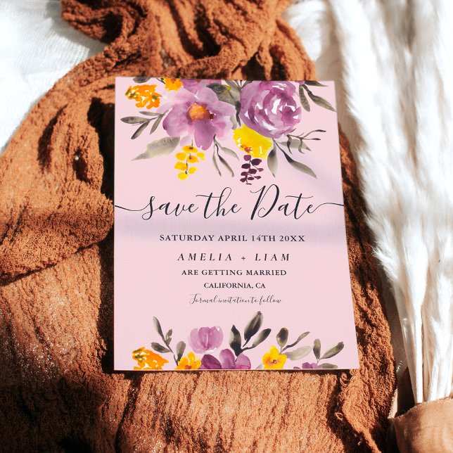 Reserva La Fecha Elegante otoño invierno morado floral salvar la fe (Elegant fall winter purple floral save the date on pink)