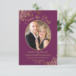 Reserva La Fecha Elegante Oval Photo Gold y Magenta Purple Boda