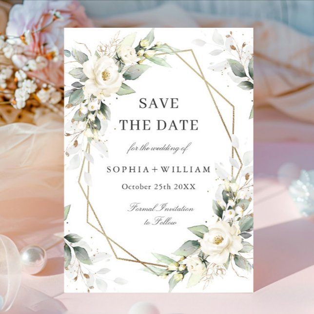 Reserva La Fecha Elegante Pastel Boda Eucalipto de rosas blancas (Subido por el creador)