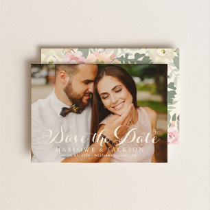Reserva La Fecha Elegante Patrón Floral de Marfil Foto Boda