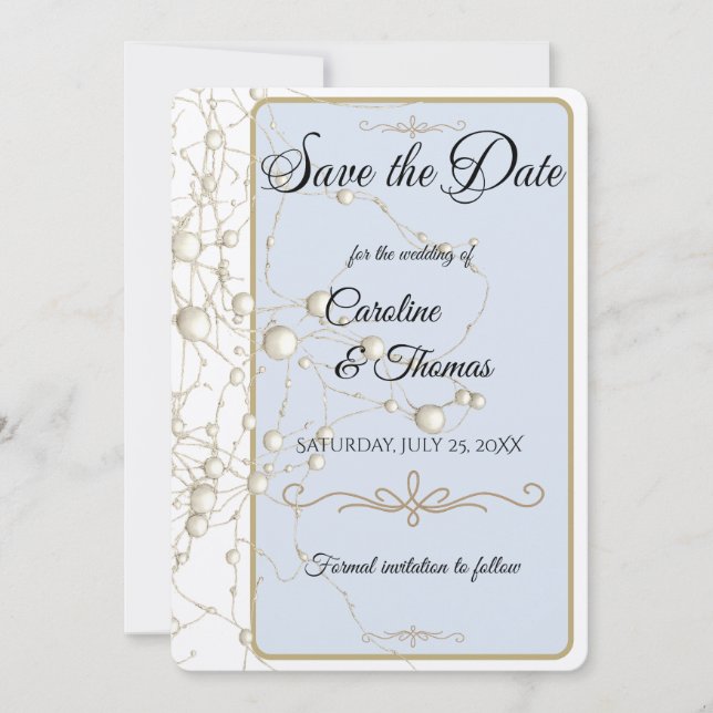 Reserva La Fecha Elegante Pearl Gold Script Boda Perlas románticas (Anverso)