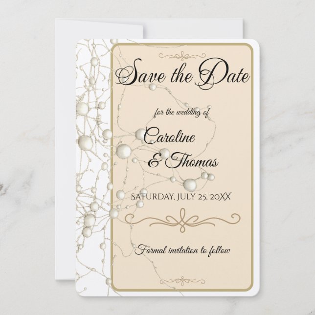 Reserva La Fecha Elegante Pearl Gold Script Boda Perlas románticas (Anverso)
