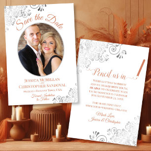 Reserva La Fecha Elegante plata y coral en foto de Boda blanco