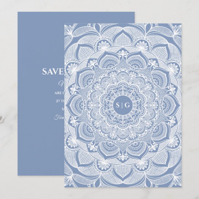 Reserva La Fecha Elegante polvoriento azul encaje mandala clásico (Anverso / Reverso)