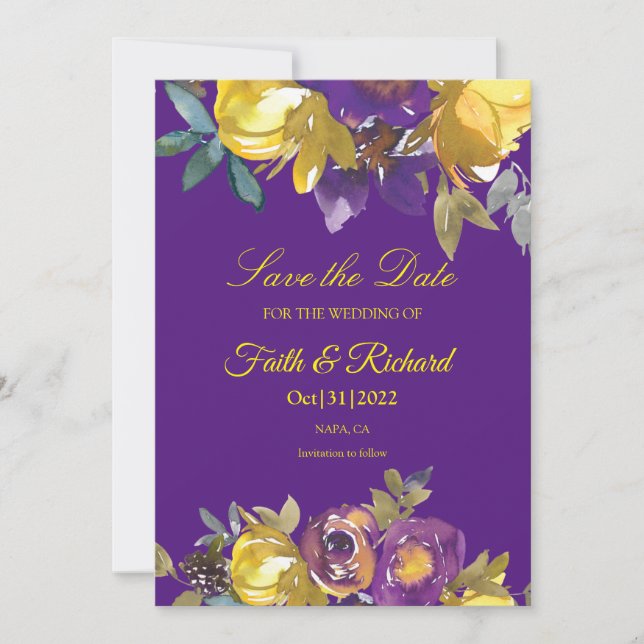 Reserva La Fecha Elegante Purple y Gold Fall Wedding Salven la fech (Anverso)