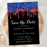 Reserva La Fecha Elegante Purpurina azul rojo gotea Boda patriótico<br><div class="desc">Invite a sus amigos y familiares a celebrar su día especial con estos goteos patrióticos de purpurinas negros, rojos y azules, salven las tarjetas de invitación a la boda. Personalizar con tus nombres y toda la información de tu boda. Esta colección de bodas con tema de la bandera estadounidense será...</div>