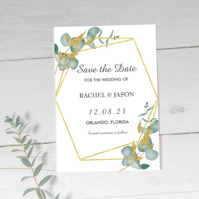 Reserva La Fecha Elegante Purpurina de Oro Eucalyptus Greenery (Elegant Eucalyptus and Gold Glitter Save the Date Wedding Announcement  )