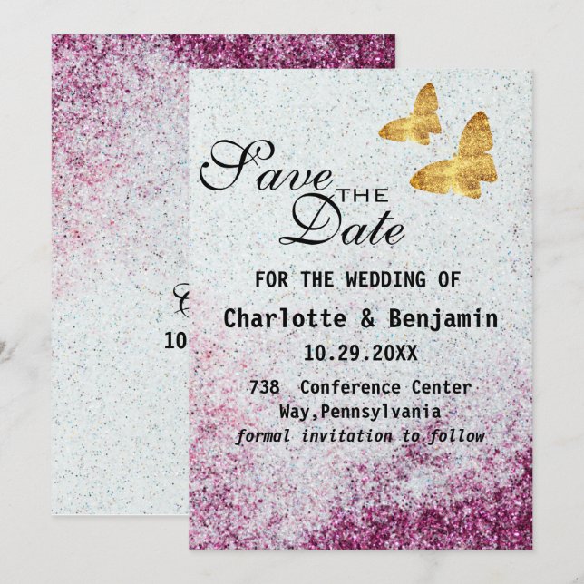 Reserva La Fecha Elegante Purpurina morado y mariposa de oro (Anverso / Reverso)