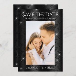 Reserva La Fecha Elegante Purpurina negro Diamond Photo Save the Da