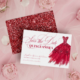 Reserva La Fecha Elegante Purpurina Rojo Vestido Moda Quinceanera