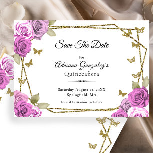Reserva La Fecha Elegante Quinceañera de Rosas Rosadas y Doradas