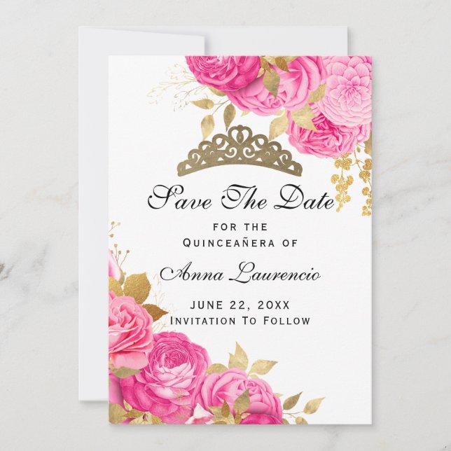 Reserva La Fecha Elegante Quinceanera floral rosa caliente (Anverso)