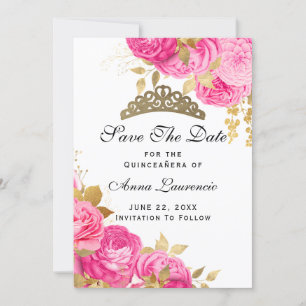 Reserva La Fecha Elegante Quinceanera floral rosa caliente