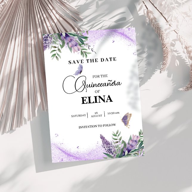 Reserva La Fecha Elegante Quinceañera Lilac Lavender Butterfly (Subido por el creador)