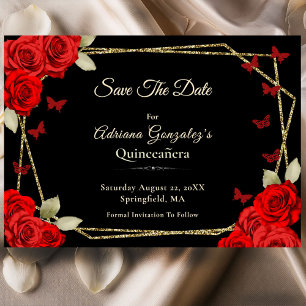 Reserva La Fecha Elegante Quinceañera Rosas Rojas Oro Negro