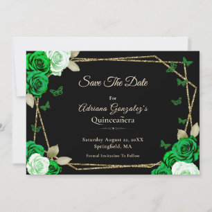 Reserva La Fecha Elegante Quinceañera Rosas Verde Oro Negro