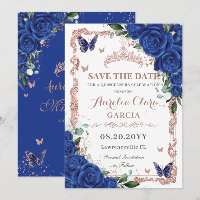 Reserva La Fecha Elegante Quinceañera Royal Floral Rosa Gold (Anverso / Reverso)