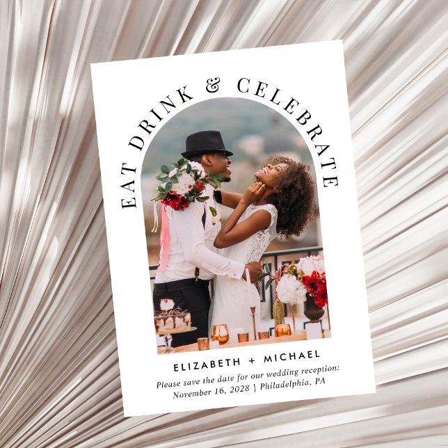 Reserva La Fecha Elegante recepción de boda de fotos en arco (Celebrate your love story with a reception save the date showcasing your photo in an arch frame)