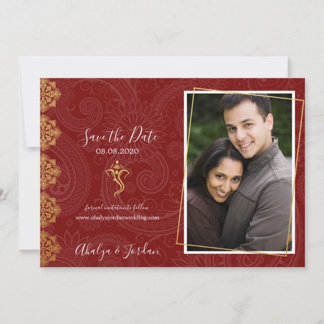 Reserva La Fecha Elegante Red & Gold Ganesha & Mehndi Salven la Fec (Anverso)