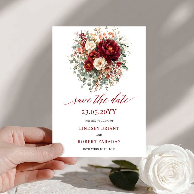 Reserva La Fecha Elegante Rojo Profundo Otoño Dorado Salvar La Fech (Elegant Deep Red Autumn Gold Save The Date

)