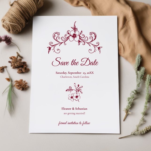 Reserva La Fecha Elegante Romance de época Borgoña Boda Floral (Subido por el creador)