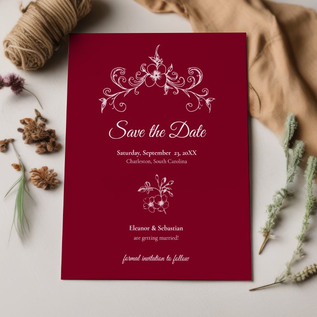 Reserva La Fecha Elegante Romance de época Borgoña Boda Floral (Subido por el creador)