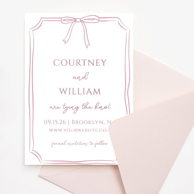 Reserva La Fecha Elegante Rosa "Amarrando el nudo" con la mano (Invite your guests with this delicate dusty rose invitation—perfect for romantic, intimate weddings.)