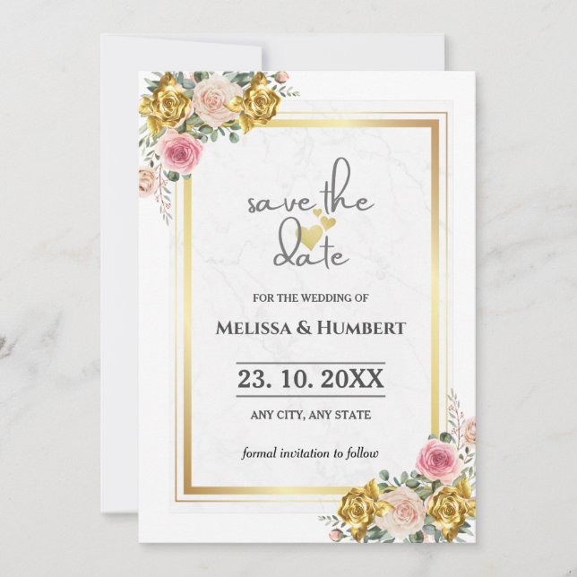 Reserva La Fecha Elegante Rosa, Bodas Florales de Eucalipto en Oro  (Anverso)