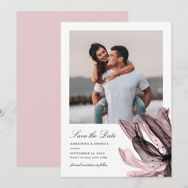Reserva La Fecha Elegante Rosa con flores humeantes  Boda de fotogr (Anverso / Reverso)
