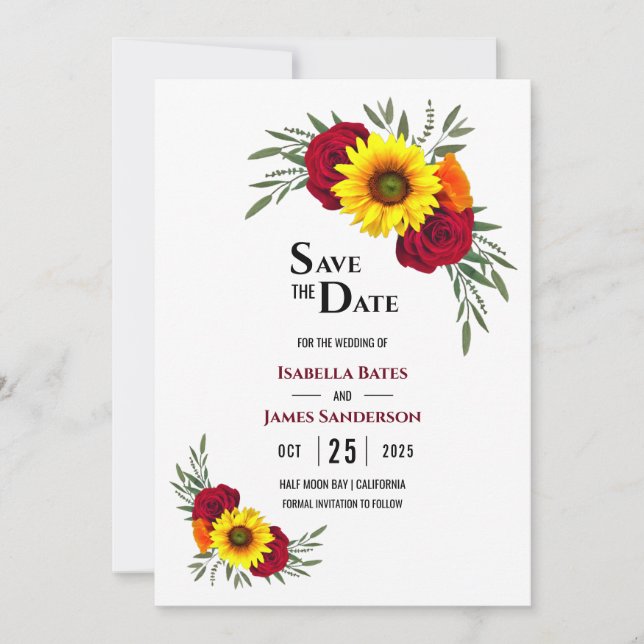 Reserva La Fecha Elegante Rosa De Girasol Borgoña Boda Salve La D (Anverso)