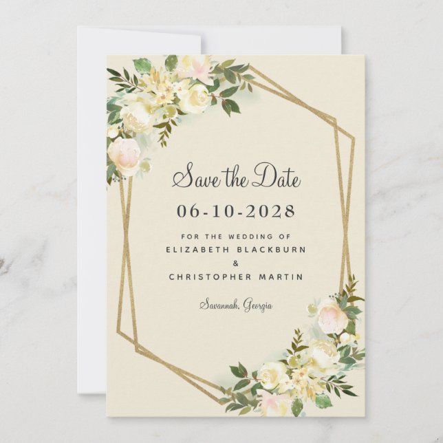 Reserva La Fecha Elegante Rosa de Moda floral de oro verde Boda (Anverso)