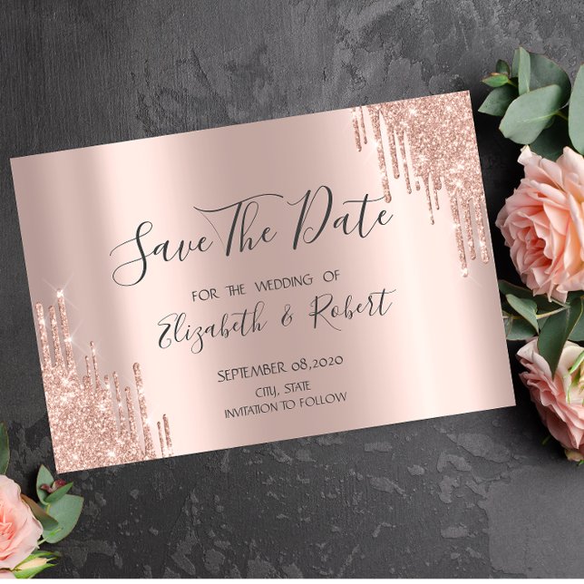Reserva La Fecha Elegante Rosa Dorado con Brillo en Goteo para Save (Subido por el creador)