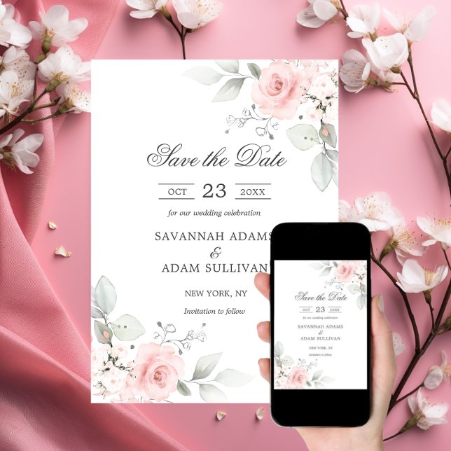 Reserva La Fecha Elegante Rosa floral Rubor rosa Botánico (Elegant Floral Blush Rose Pink Botanical Save The Date)