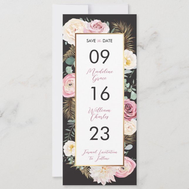 Reserva La Fecha Elegante rosa floral y negro salvan la fecha (Anverso)